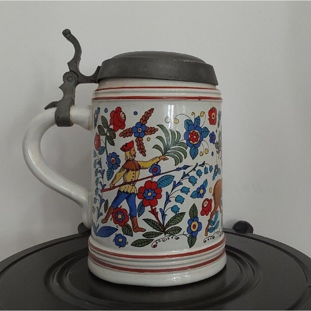 Vintage Colorful Rein Zinn 6' Stein  with Pewter lid Pennsylvania Dutch Hunting